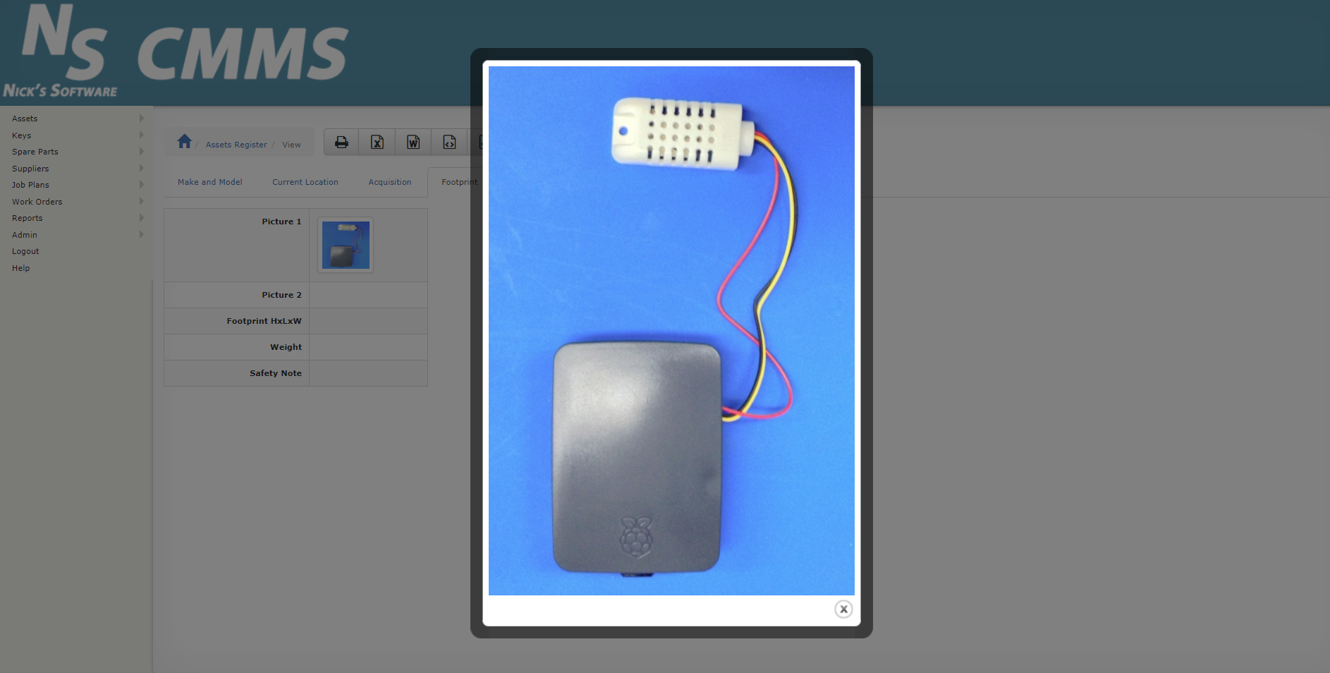 NS-CMMS Asset Register - Equipment footprint and details view