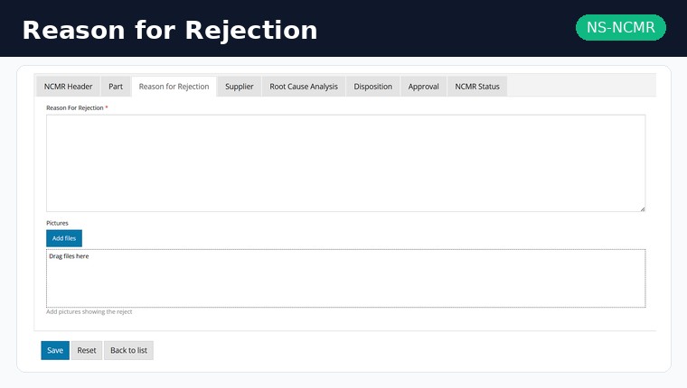NS-NCMR Reason for Rejection Tab