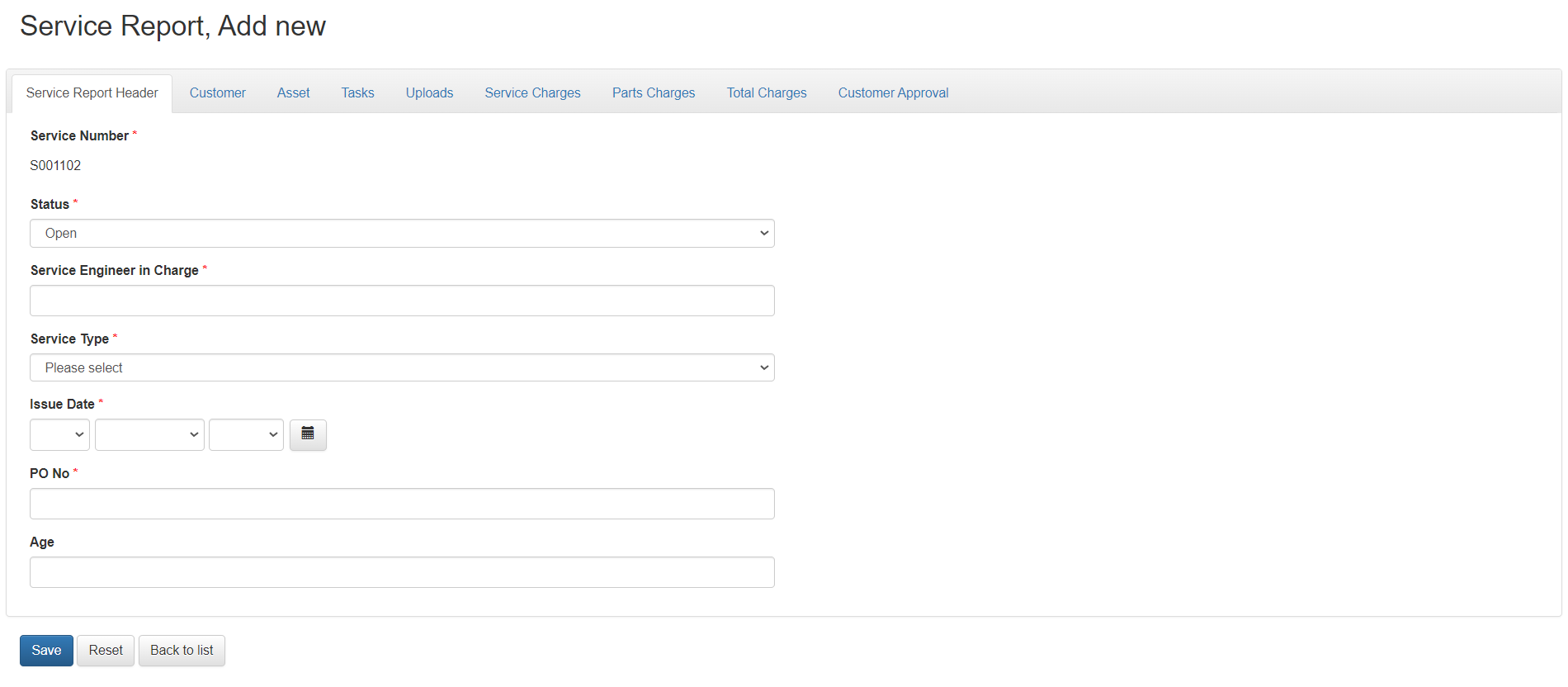 Service Jobs — Service report entry and workflow tabs