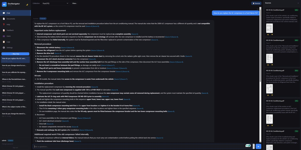 NS-DocNavigator chat interface showing a cited answer with source documents and page references