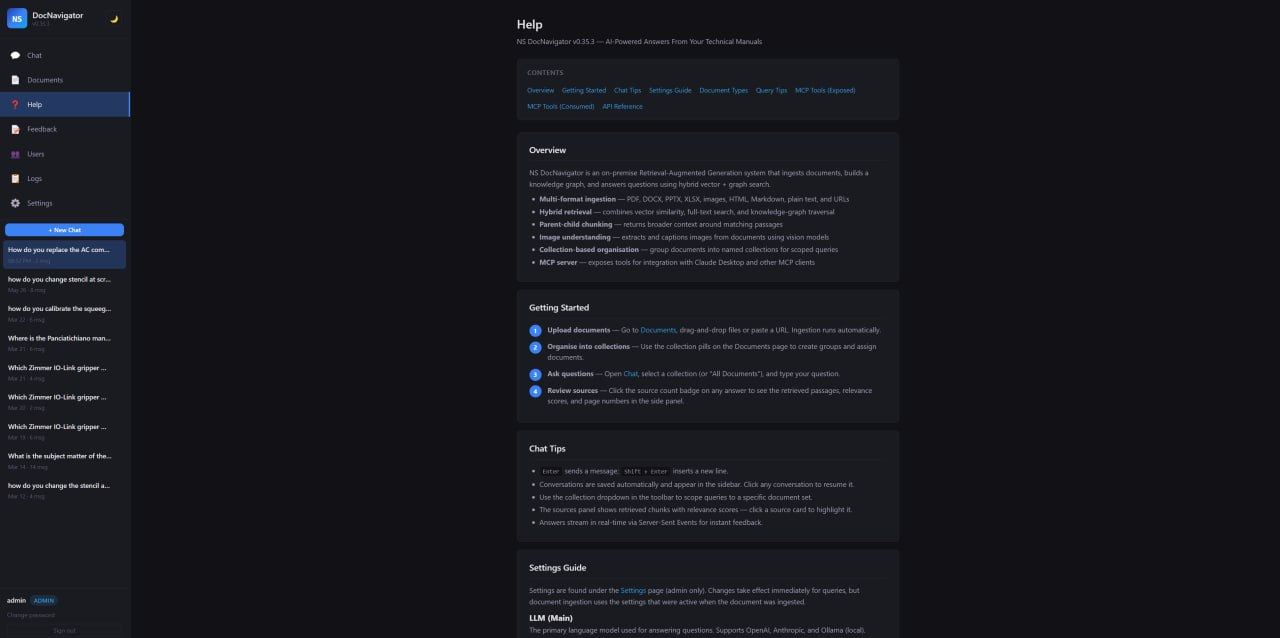 NS-DocNavigator help screen showing overview, getting started, chat tips and settings guide