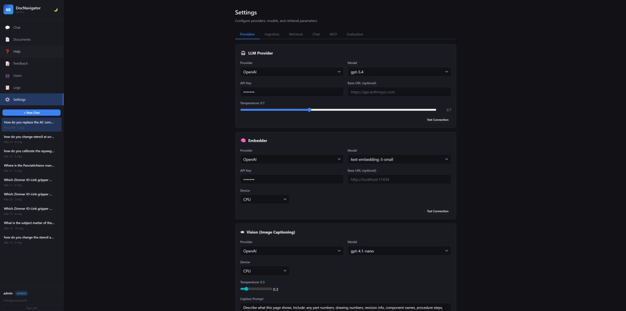 NS-DocNavigator provider settings showing LLM, embedder and vision model configuration